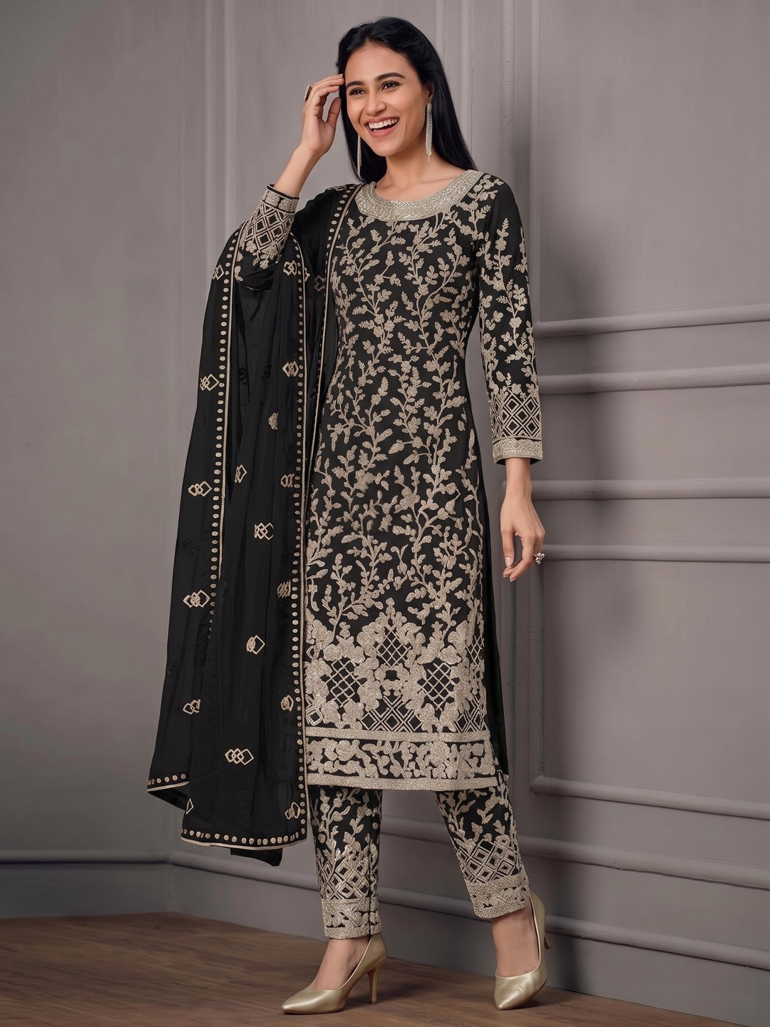 Black Sequins Floral Embroidered Net Salwar Suit - Image 3