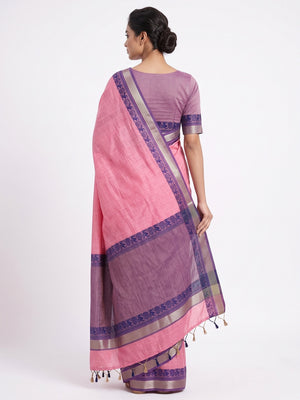 Pink Pure Handloom Silk Saree with an Elegantly Woven Jacquard Border - Image 2