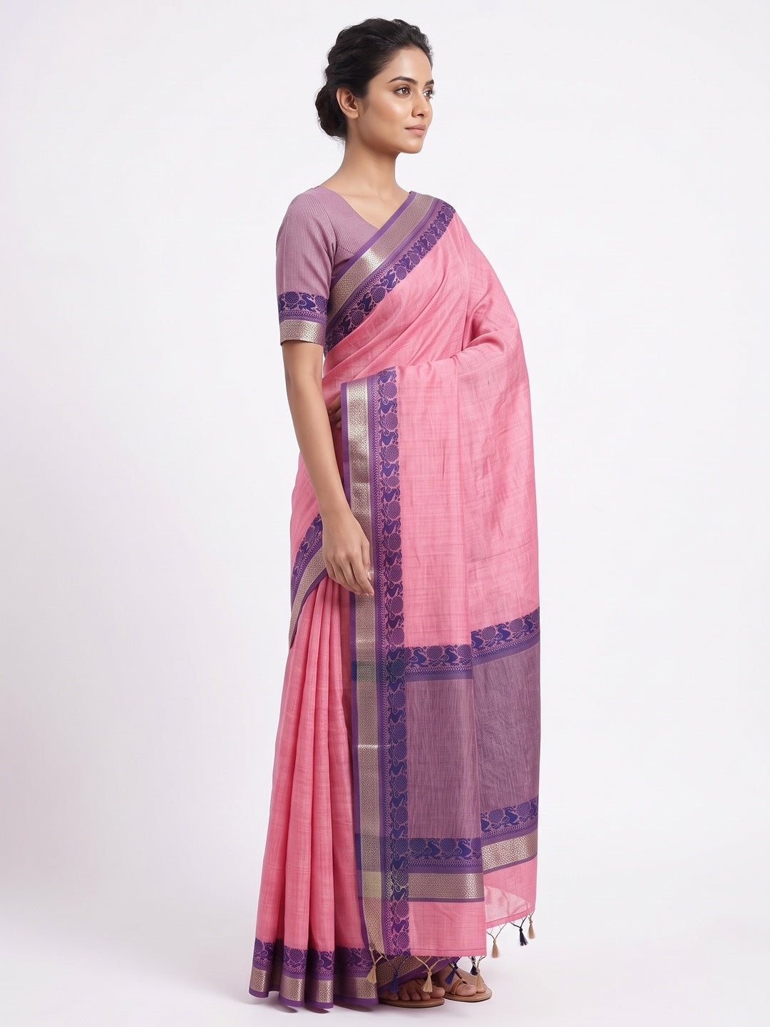 Pink Pure Handloom Silk Saree with an Elegantly Woven Jacquard Border - Image 3