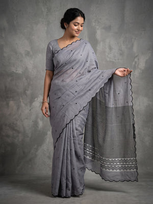 Grey Soft Linen Cotton Zigzag Mirror Work Saree - Image 1