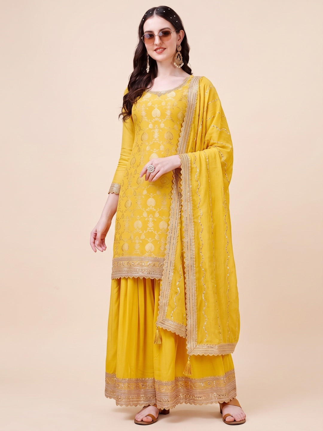 Yellow Floral Zari Woven Chinon Semi Stitched Dress Material - Image 1