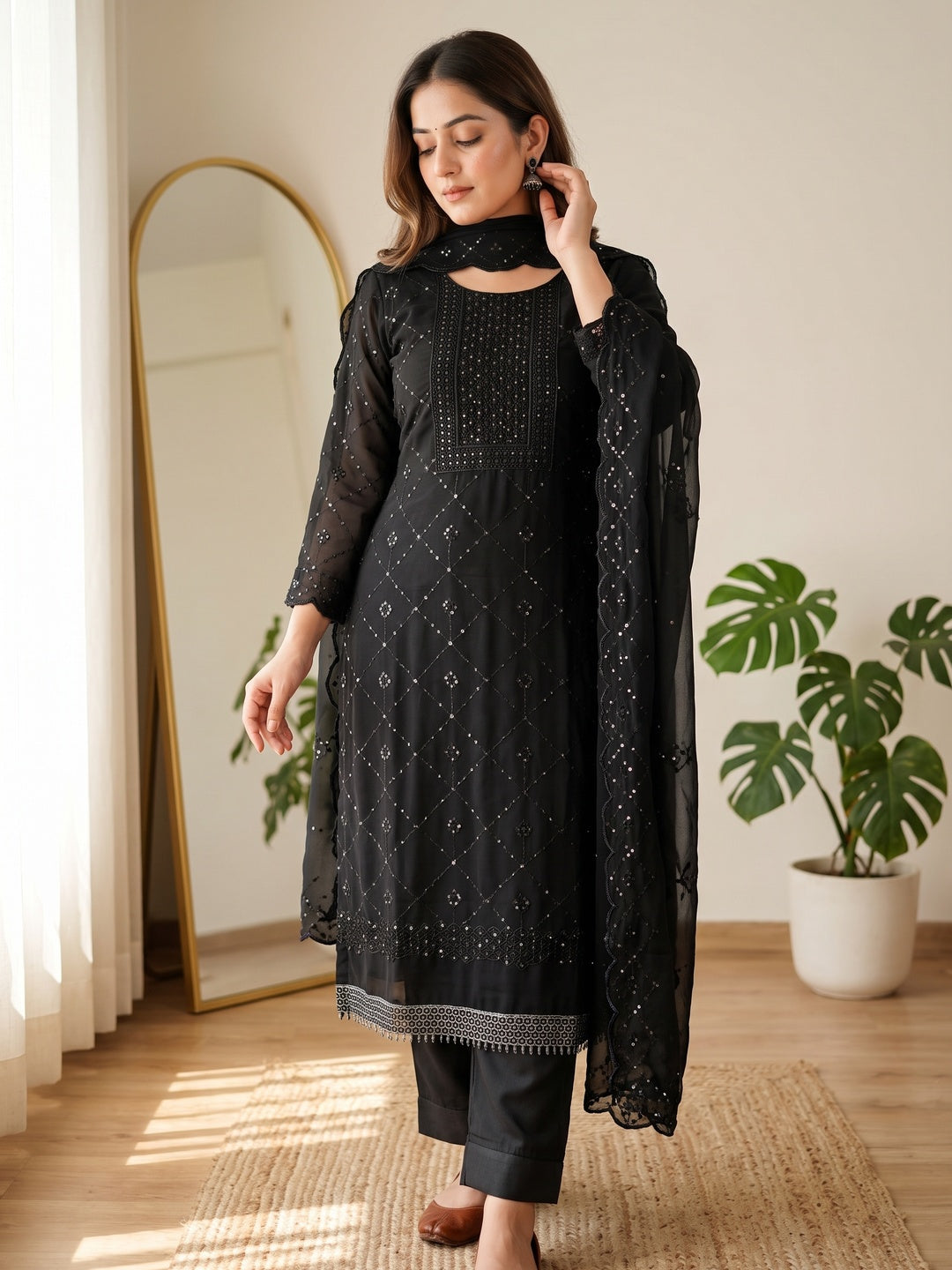 Black Georgette Dress Material Featuring Delicate Thread Embroidery & Sequin Accent - Image 1