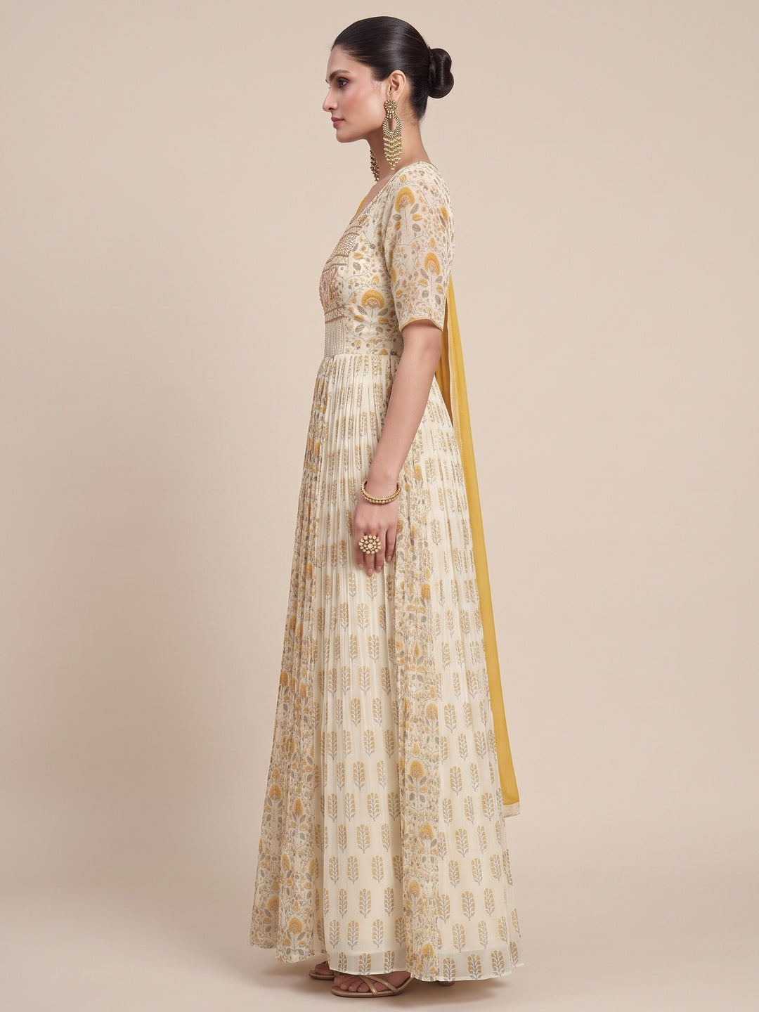 Cream Embroidered With Printed Georgette Semi Stitched Anarkali Suit - Image 3