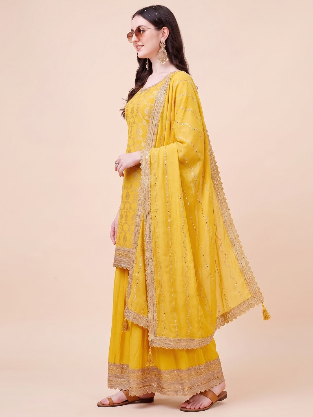 Yellow Floral Zari Woven Chinon Semi Stitched Dress Material - Image 3