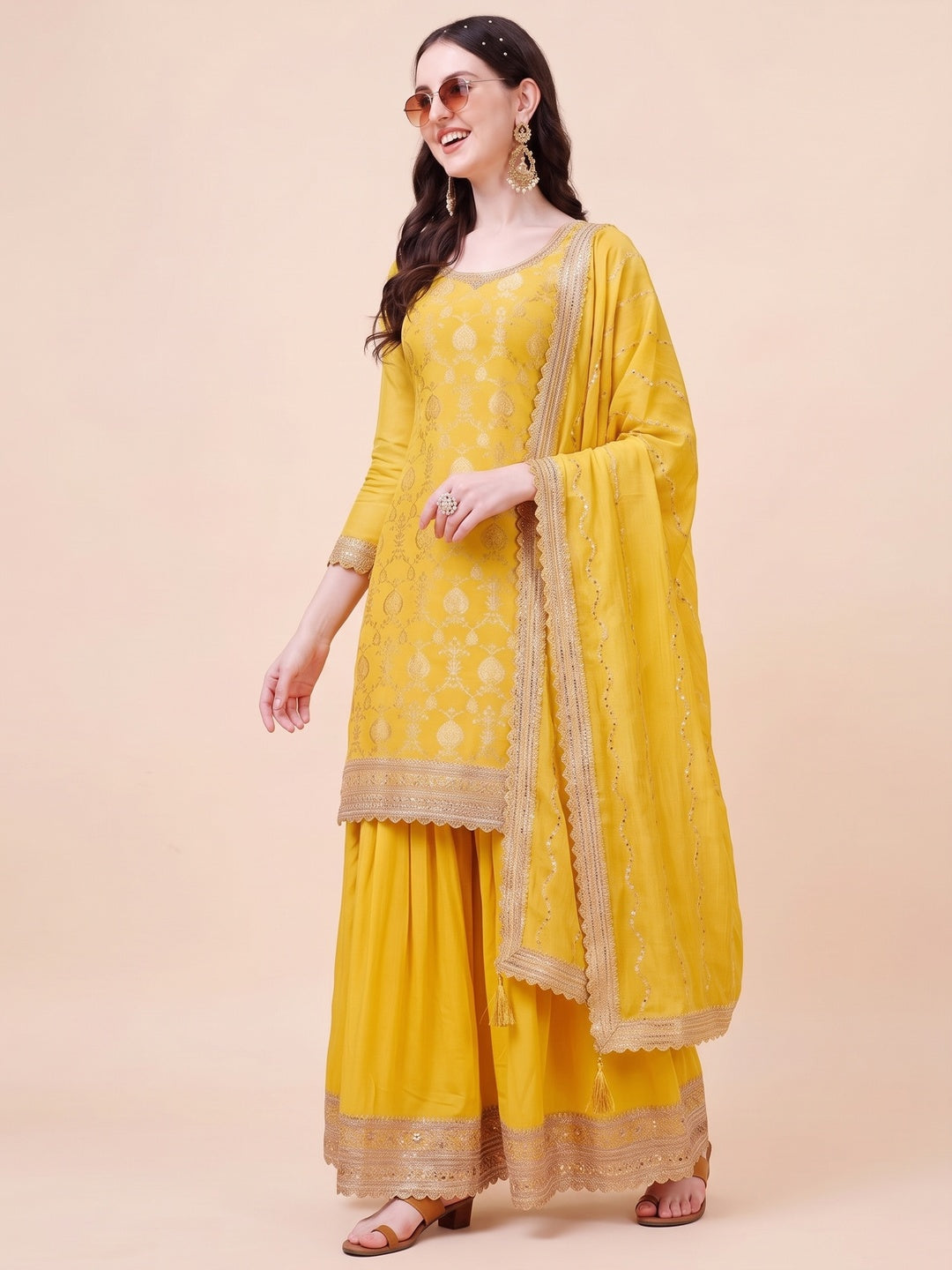 Yellow Floral Zari Woven Chinon Semi Stitched Dress Material - Image 4