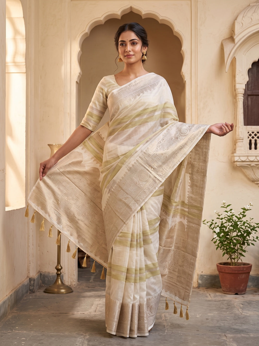 Peachmode Cream Khadi Tissue Paithani Silk Saree - Image 1