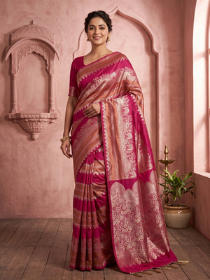 Peachmode Pink Khadi Tissue Paithani Silk Saree - Image 1