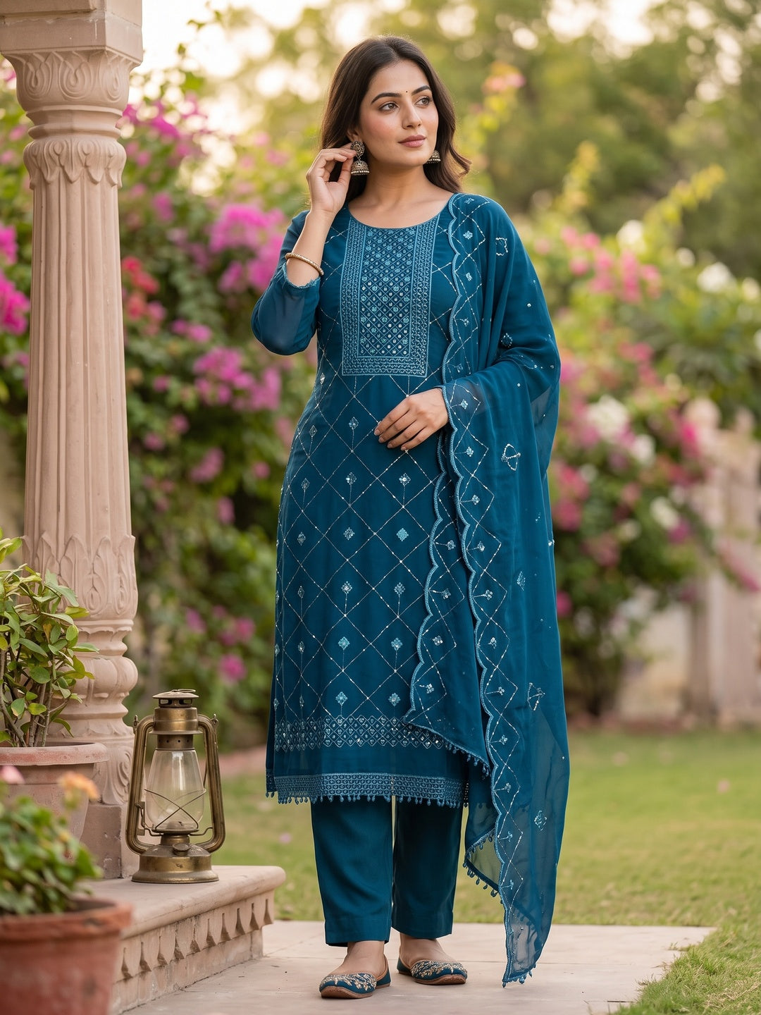Blue Georgette Dress Material Featuring Delicate Thread Embroidery & Sequin Accent - Image 1