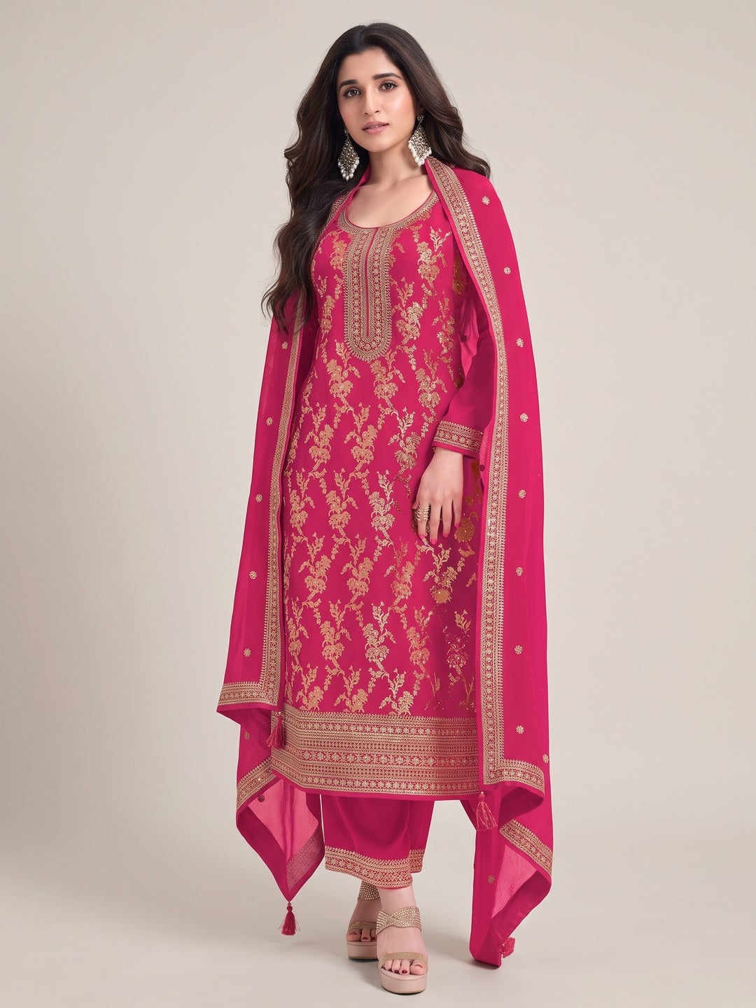 Pink Woven With Embroidered Jacquard Viscose Semi Stitched Salwar Suit - Image 1