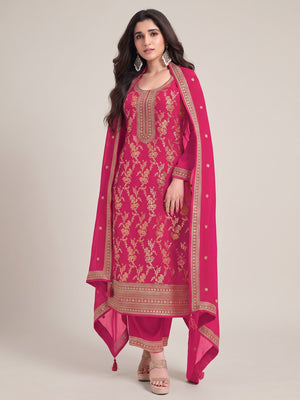 Pink Woven With Embroidered Jacquard Viscose Semi Stitched Salwar Suit - Image 1