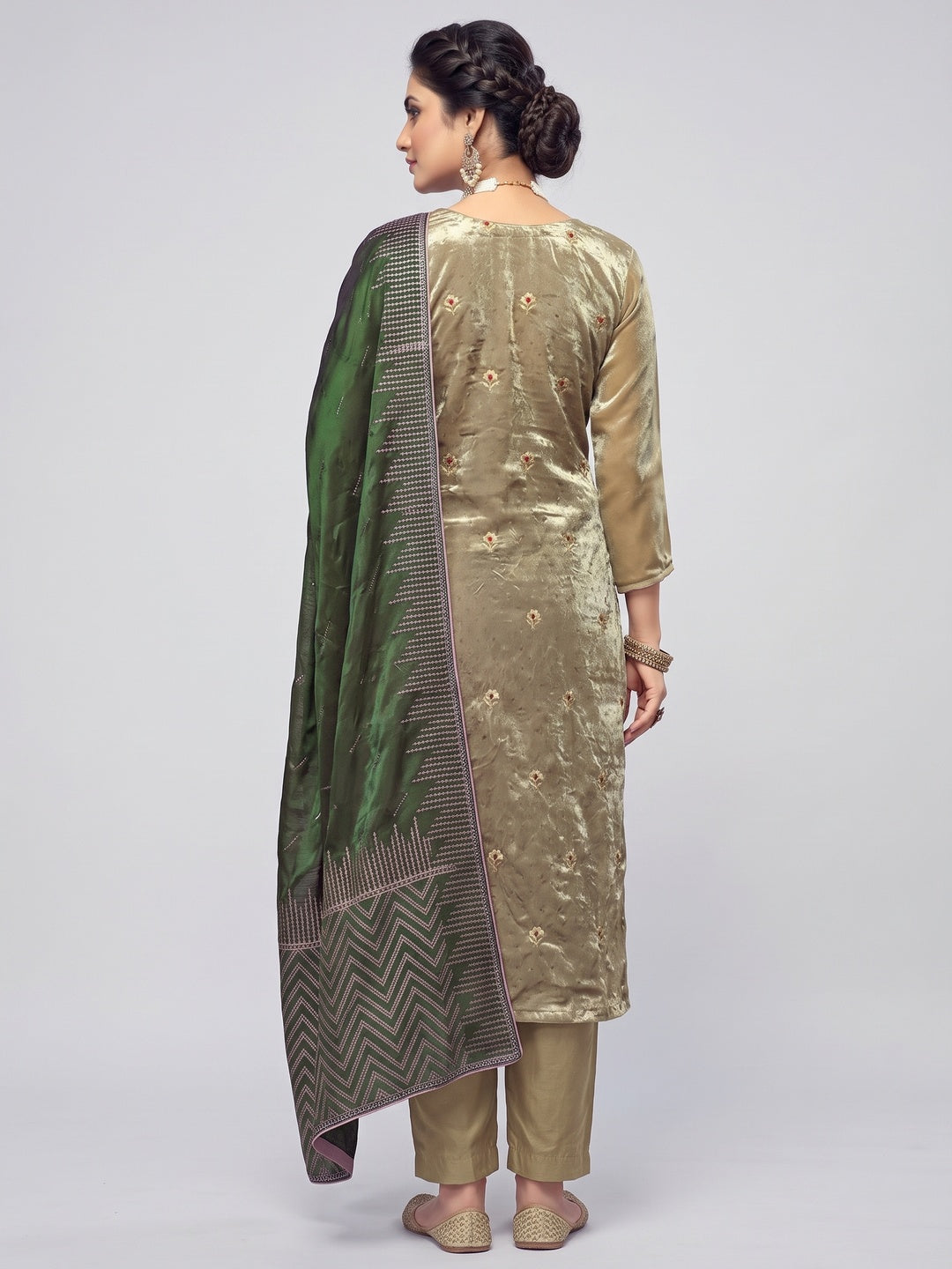 Green Floral Embroidery With Swarovski Work Jimmy Choo Tissue Semi Stitched Suit - Image 2