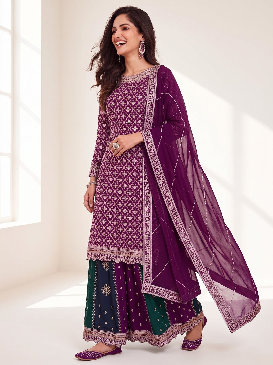 Purple Embroidered Chinon Semi Stitched Sharara Suit - Image 2