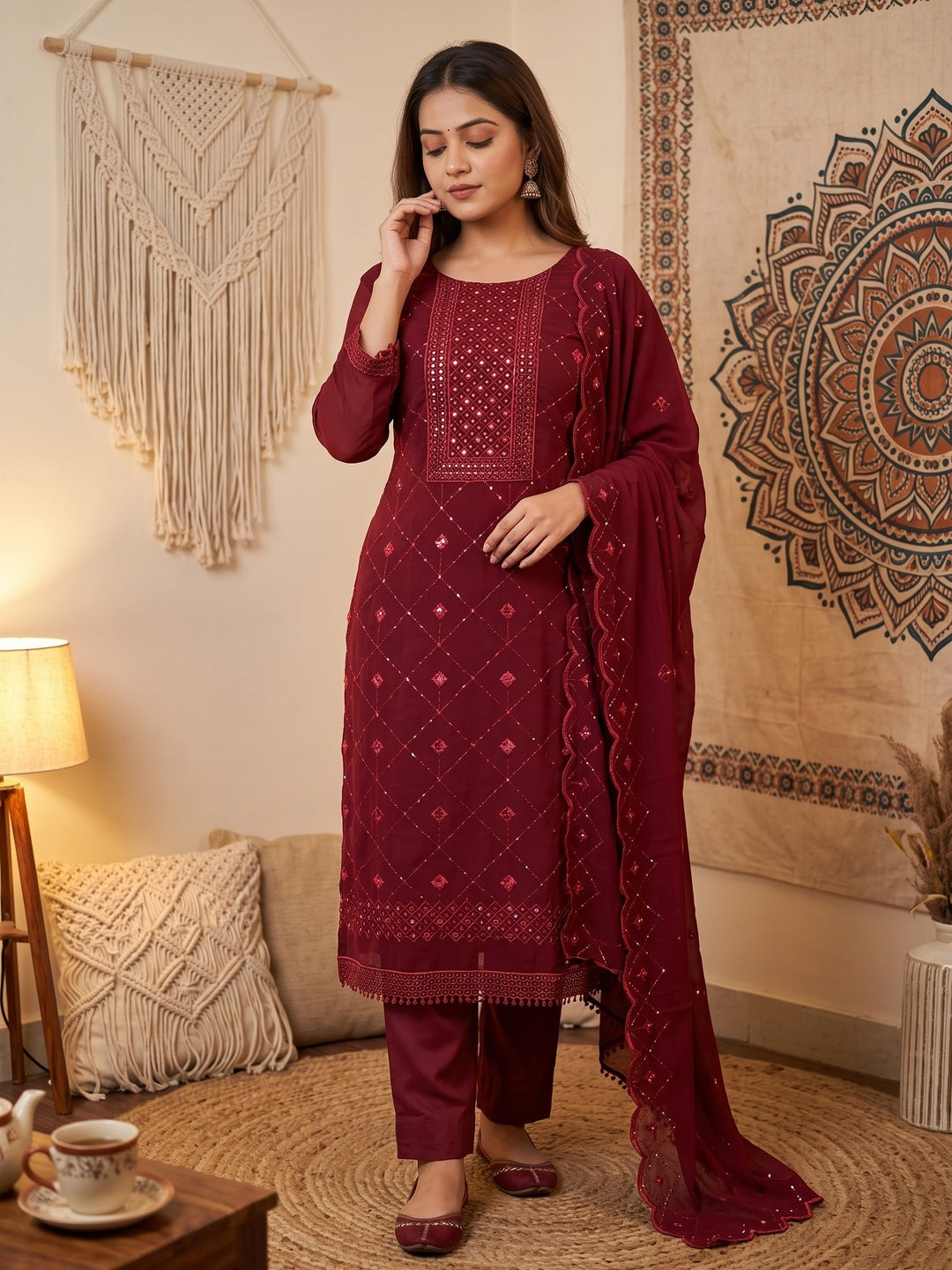 Maroon Georgette Dress Material Featuring Delicate Thread Embroidery & Sequin Accent - Image 2