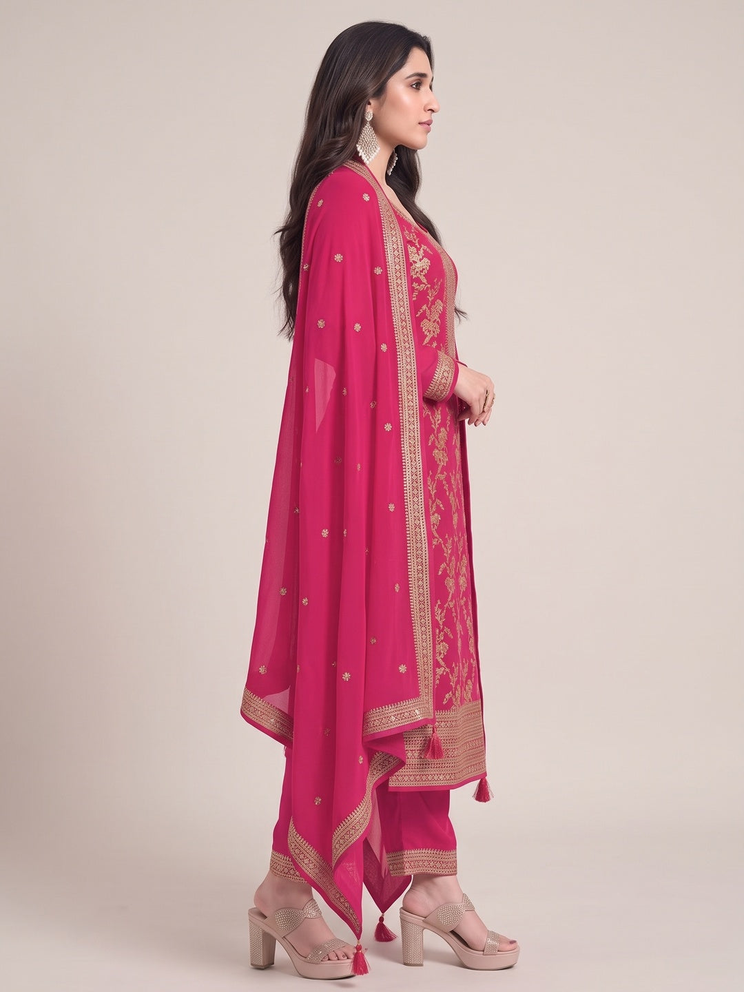 Pink Woven With Embroidered Jacquard Viscose Semi Stitched Salwar Suit - Image 3