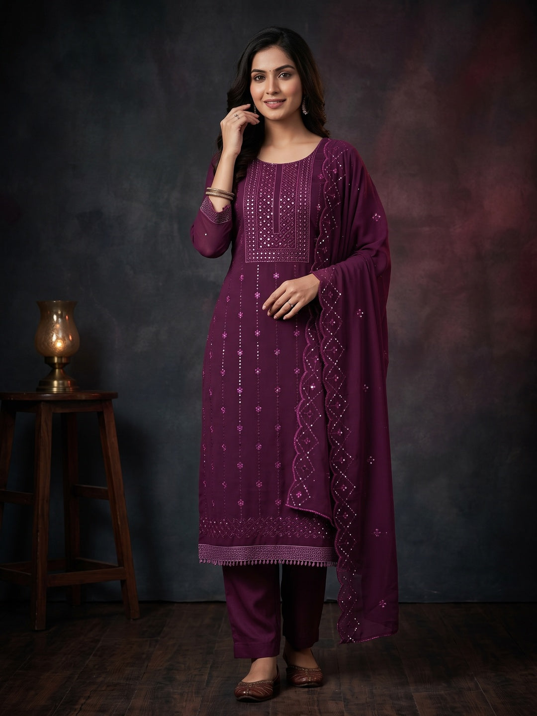 Wine Georgette Dress Material Featuring Delicate Thread Embroidery & Sequin Accent - Image 1