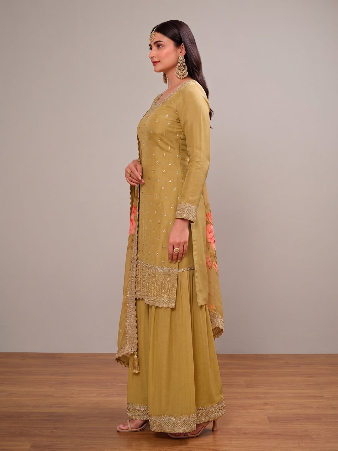 Olive Embroidered Chinon Semi Stitched Dress Material With Palazzo - Image 1