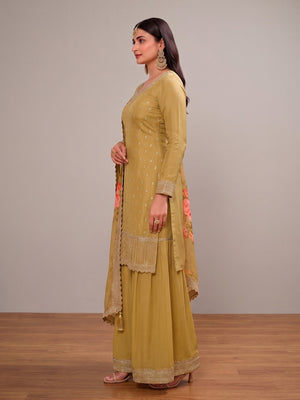Olive Embroidered Chinon Semi Stitched Dress Material With Palazzo - Image 1