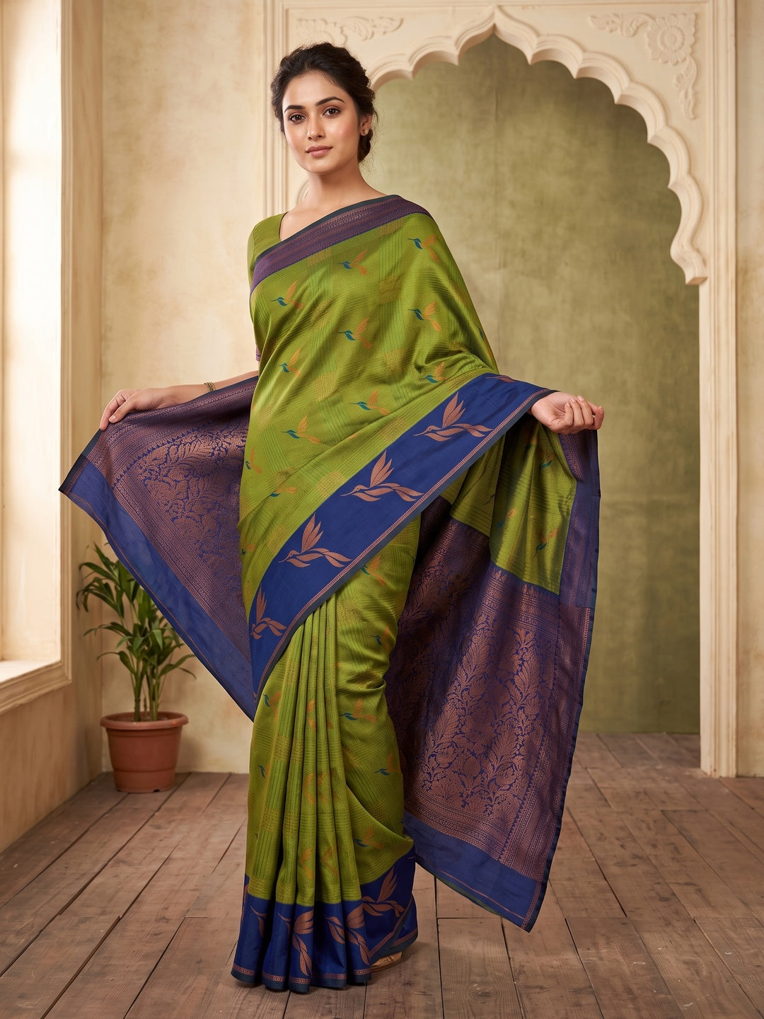 Peachmode Olive Banarasi Silk Zari Saree - Image 1