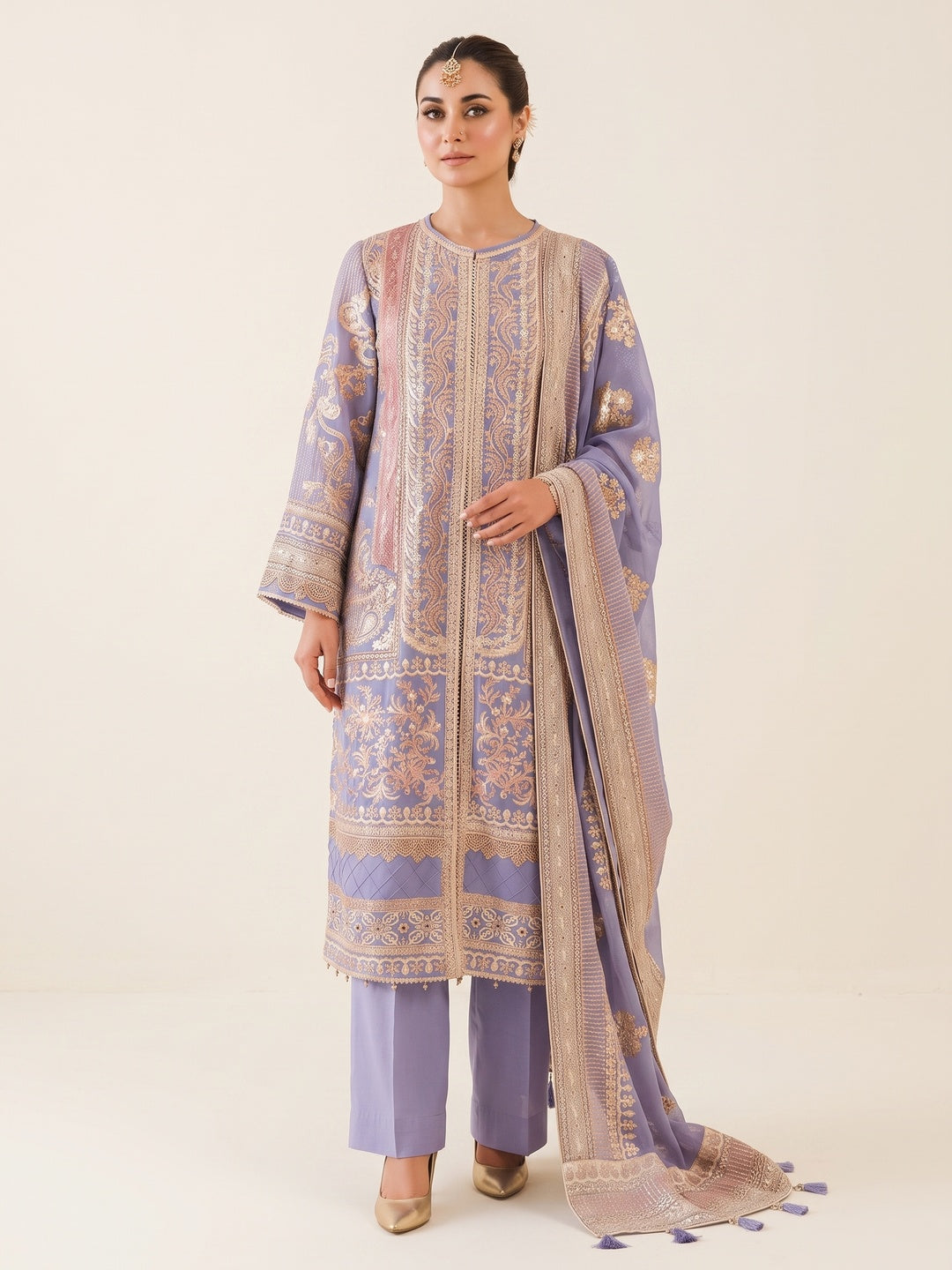 Lavender Floral Sequins Embroidery Georgette Semi Stitched Pakistani Suit - Image 1