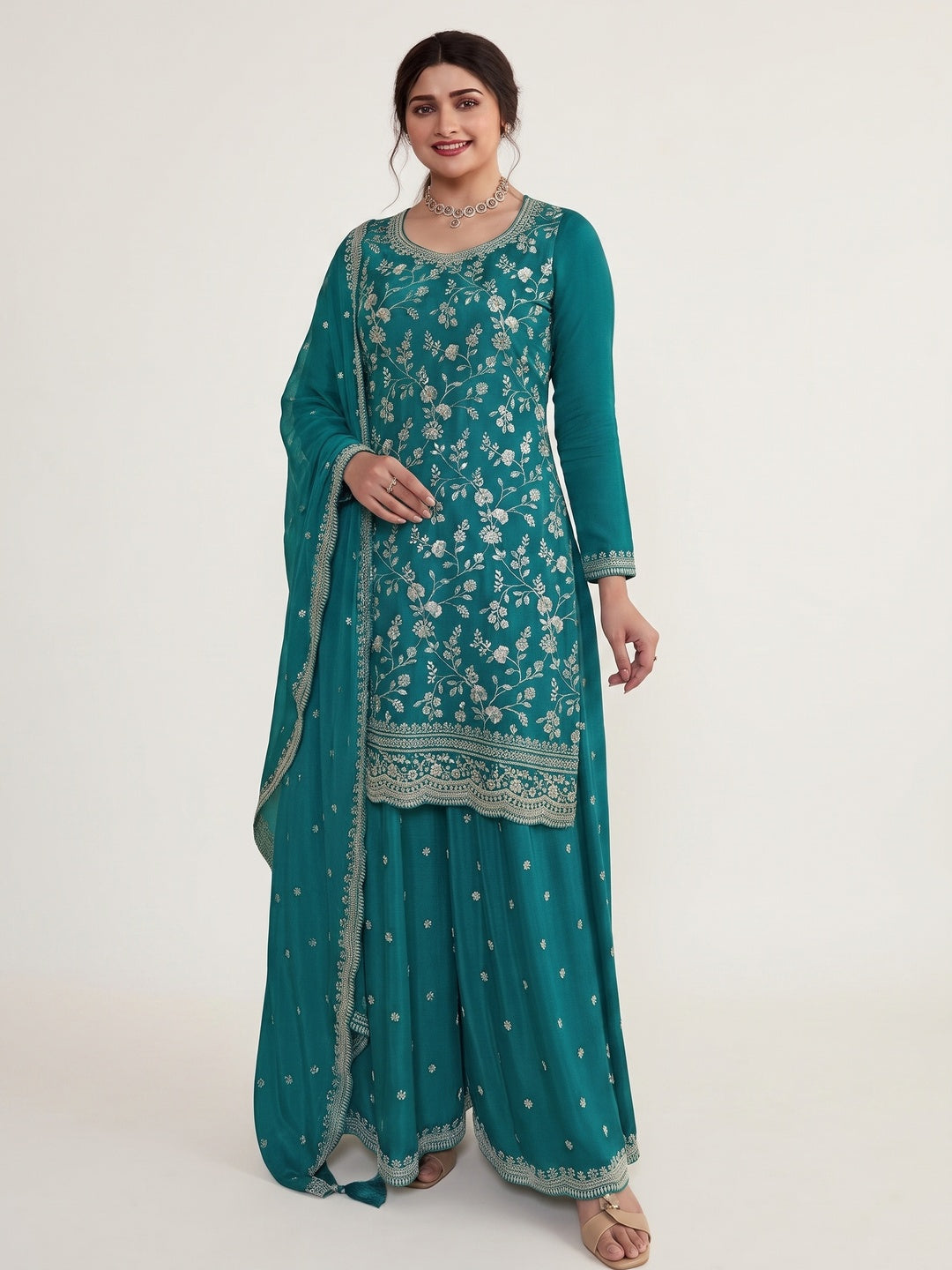 Teal Floral Embroidered Chinon Semi Stitched Sharara Suit - Image 1