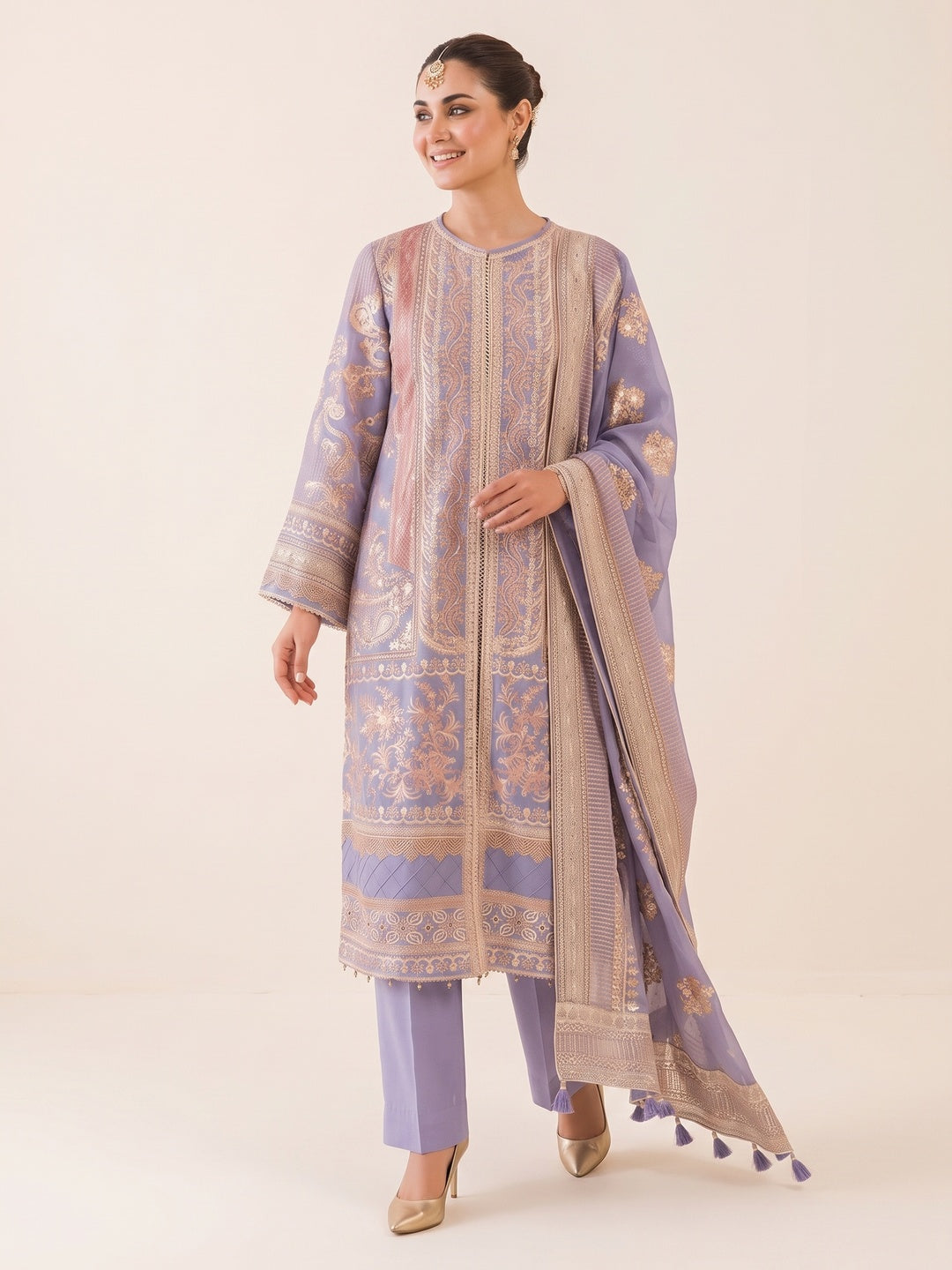 Lavender Floral Sequins Embroidery Georgette Semi Stitched Pakistani Suit - Image 4