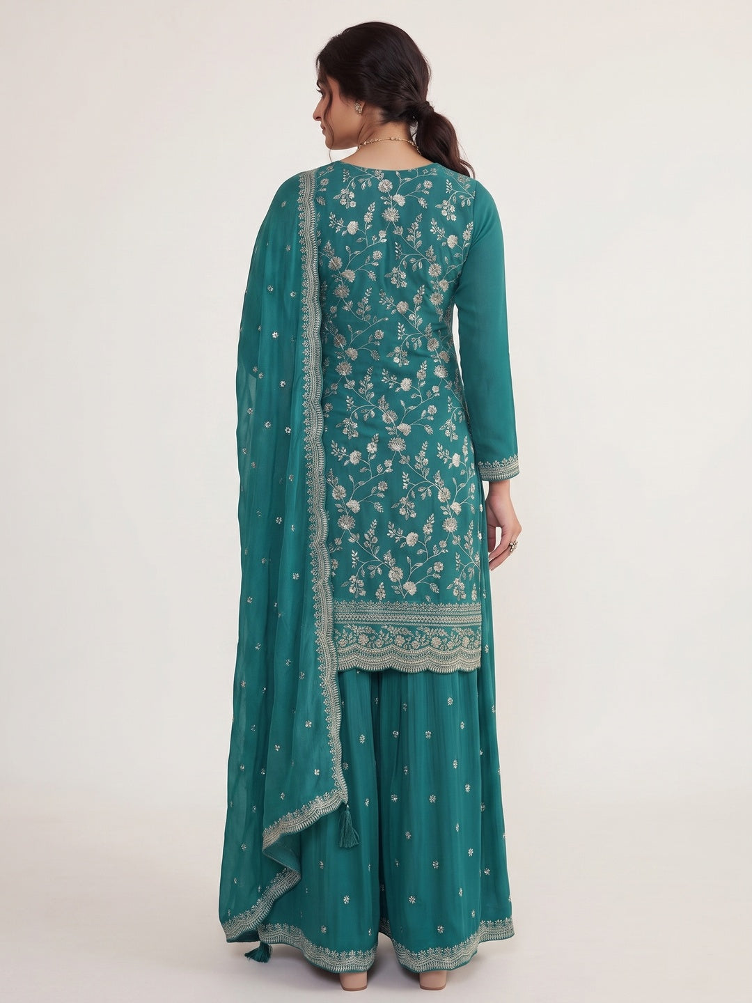 Teal Floral Embroidered Chinon Semi Stitched Sharara Suit - Image 2