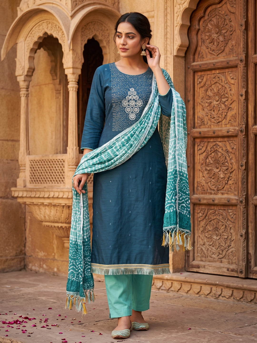 Blue Floral Embroidered Cotton Blend Dress Material Adorned With Sparkling Sequins Work - Image 1