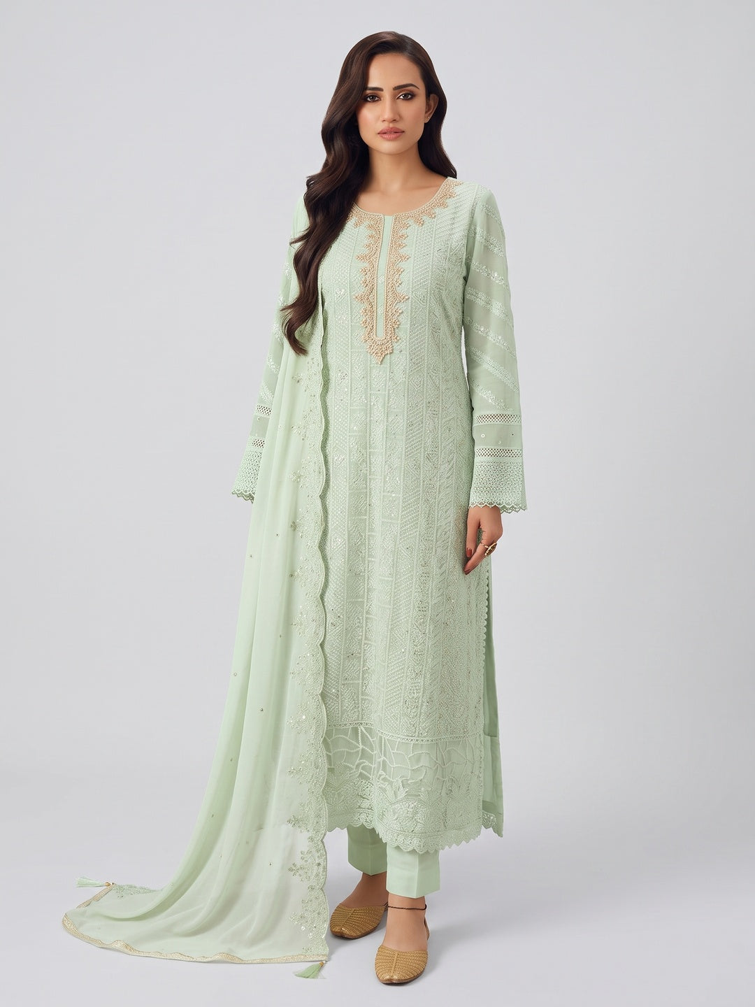 Green Embroidered Georgette Semi-Stitched Pakistani Suit - Image 1