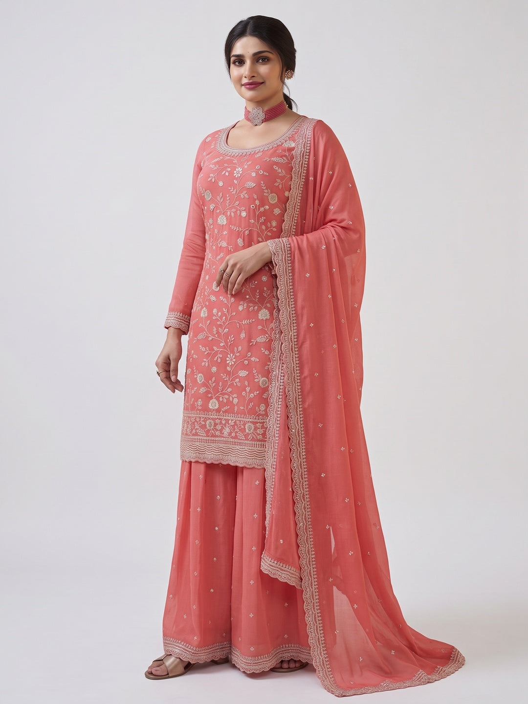 Peach Floral Embroidered Chinon Semi Stitched Sharara Suit - Image 1