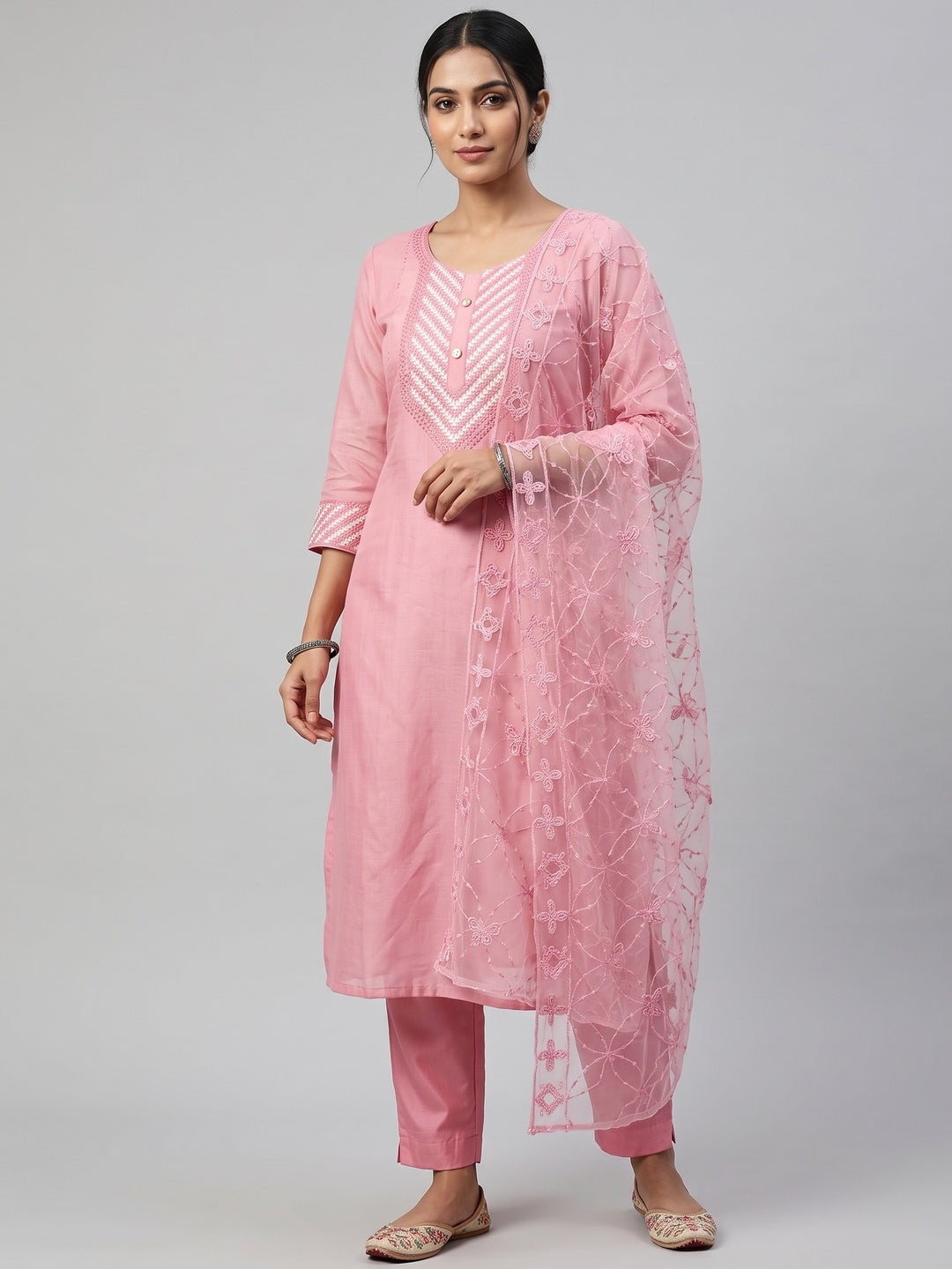 Shimmering Pink Sequins Embroidered Chanderi Cotton Suit Material - Image 1
