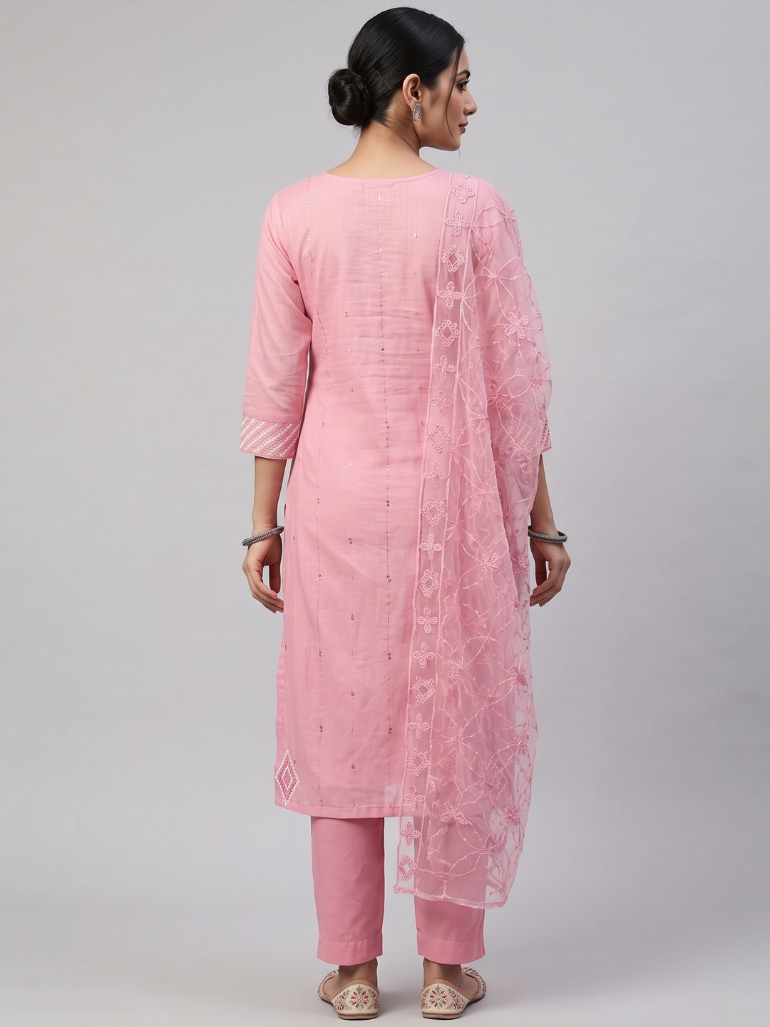 Shimmering Pink Sequins Embroidered Chanderi Cotton Suit Material - Image 2