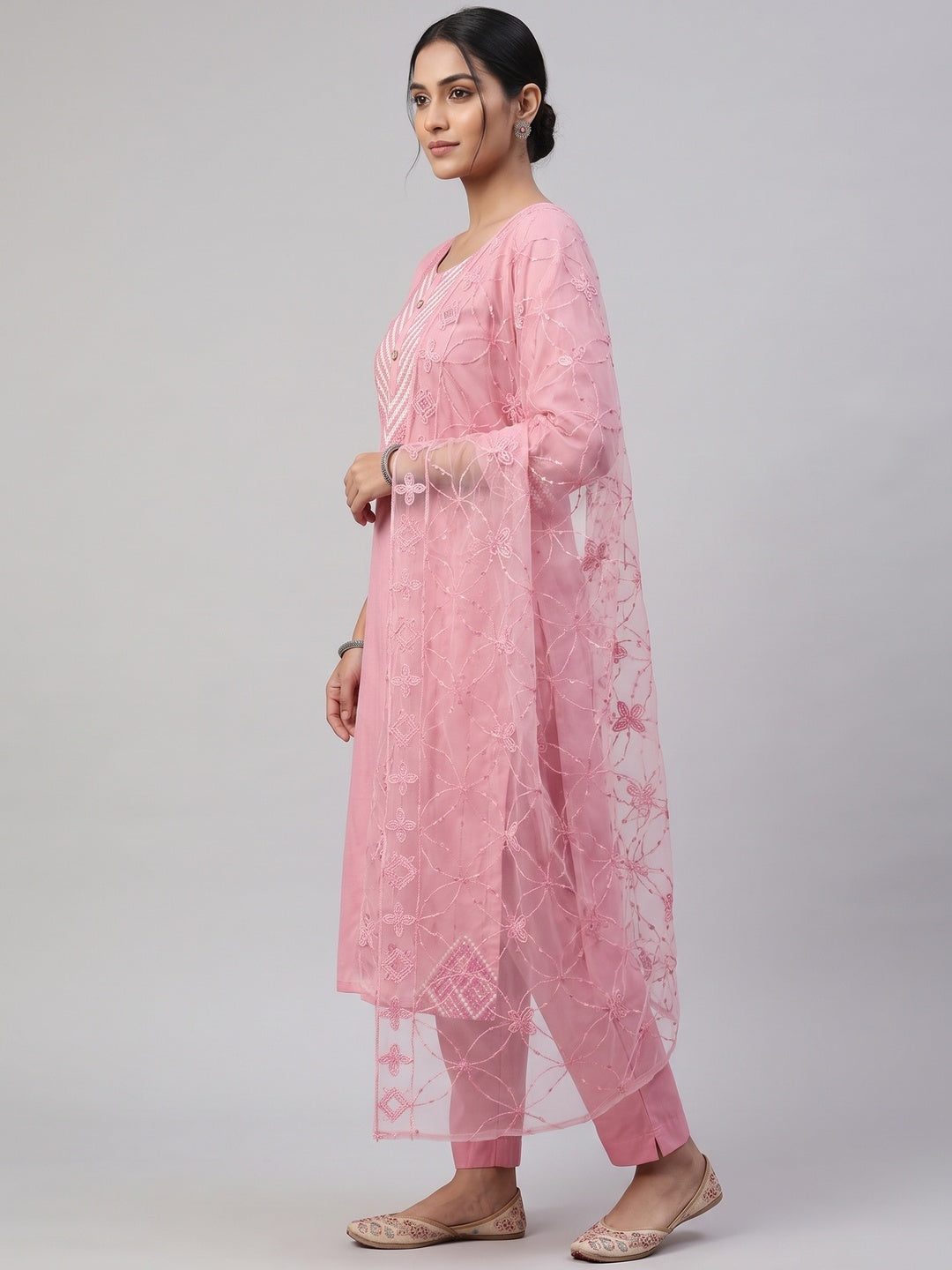 Shimmering Pink Sequins Embroidered Chanderi Cotton Suit Material - Image 3