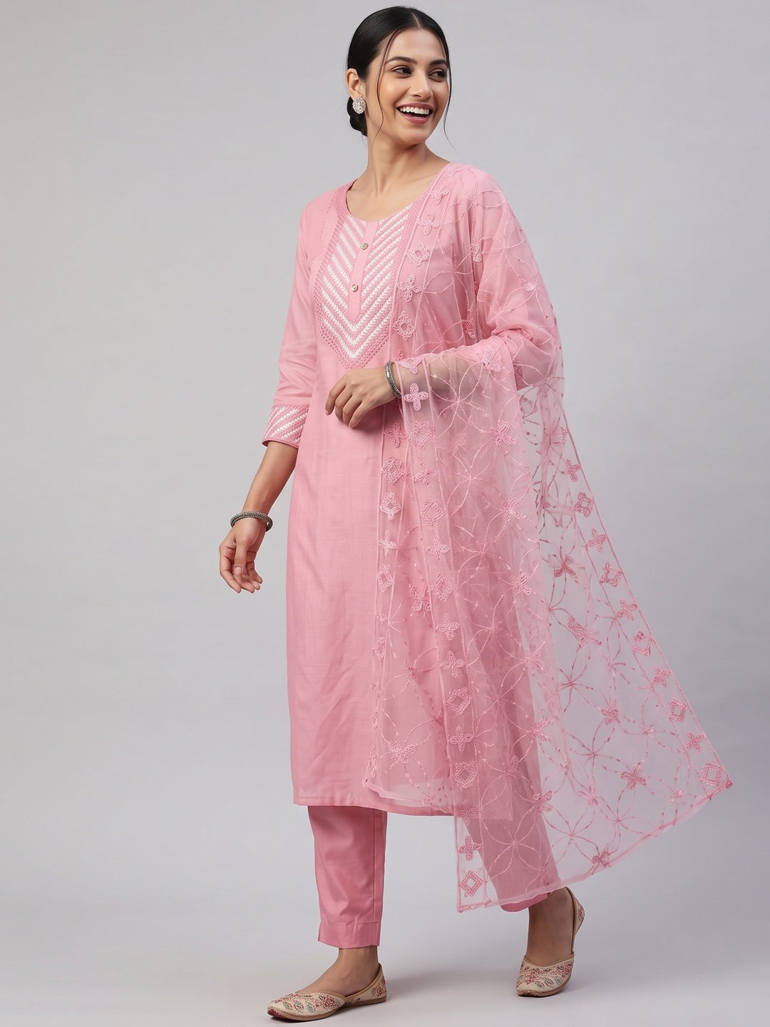 Shimmering Pink Sequins Embroidered Chanderi Cotton Suit Material - Image 4