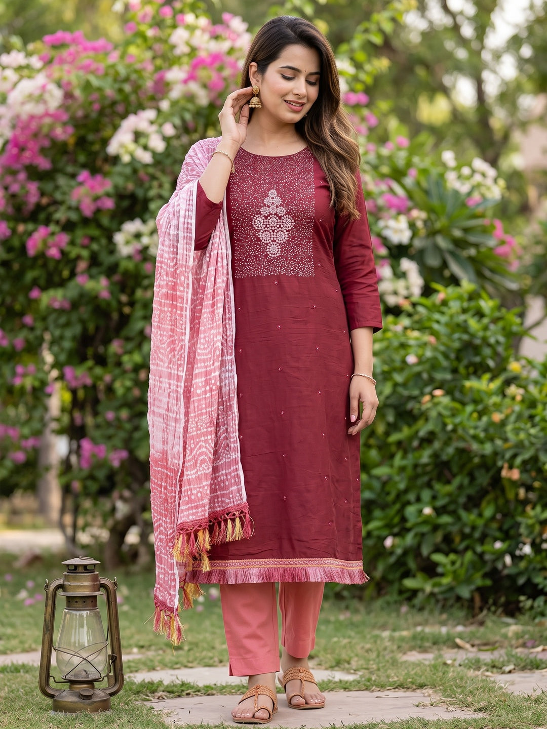 Maroon Floral Embroidered Cotton Blend Dress Material Adorned With Sparkling Sequins Work - Image 1