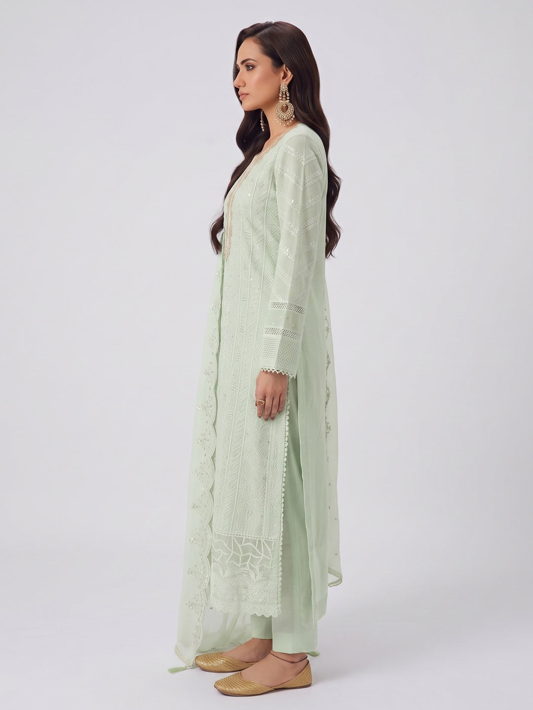 Green Embroidered Georgette Semi-Stitched Pakistani Suit - Image 3