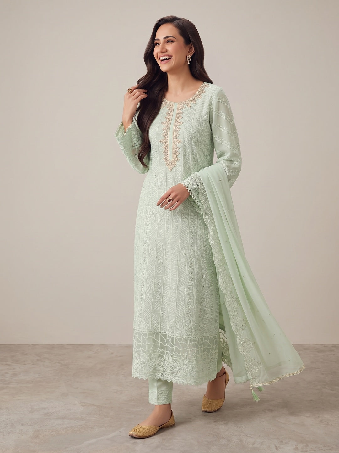 Green Embroidered Georgette Semi-Stitched Pakistani Suit - Image 4