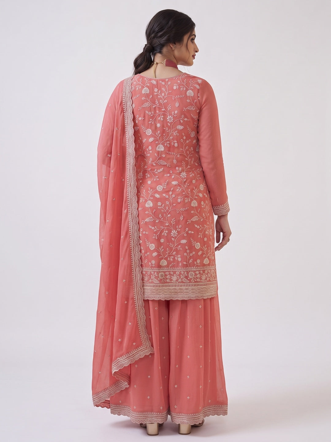 Peach Floral Embroidered Chinon Semi Stitched Sharara Suit - Image 2