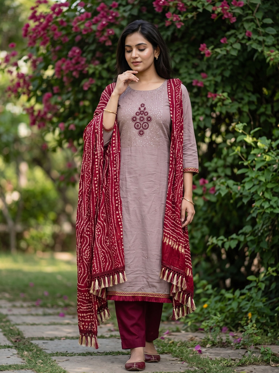 Mauve Floral Embroidered Cotton Blend Dress Material Adorned With Sparkling Sequins Work - Image 1