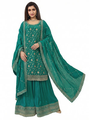 Rama Green Floral Sequins Embroidered Chinon Semi Stitched Sharara Suit - Image 1