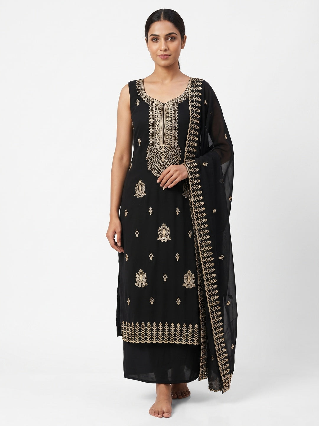 Black Georgette Dress Material Adorned With Floral Zari & Sequin Embroidery - Image 1