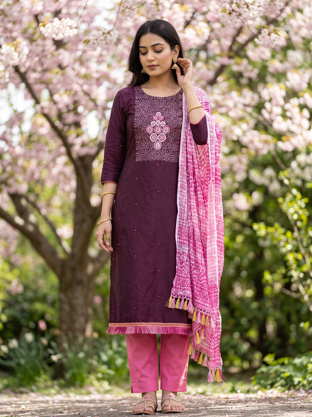 Wine Floral Embroidered Cotton Blend Dress Material Adorned With Sparkling Sequins Work - Image 1