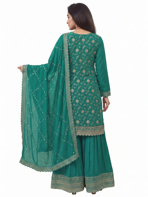 Rama Green Floral Sequins Embroidered Chinon Semi Stitched Sharara Suit - Image 2