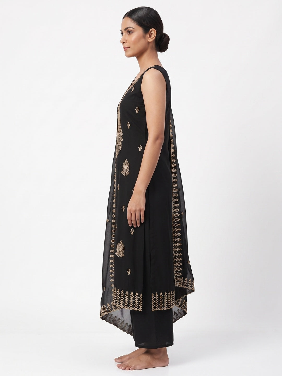 Black Georgette Dress Material Adorned With Floral Zari & Sequin Embroidery - Image 3