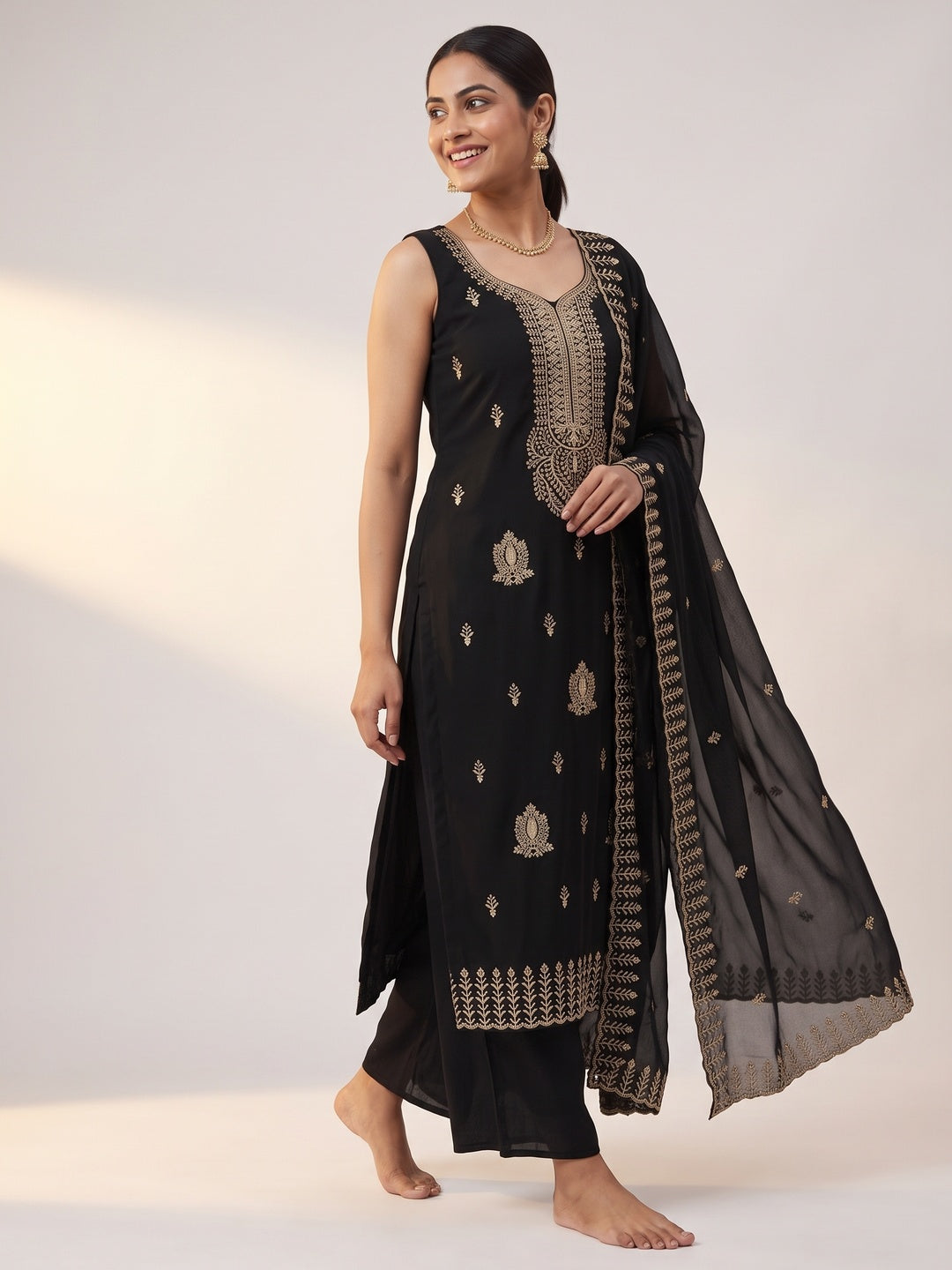 Black Georgette Dress Material Adorned With Floral Zari & Sequin Embroidery - Image 4