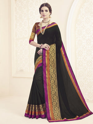 Black Embroidered Weaving Work Saree - Image 1