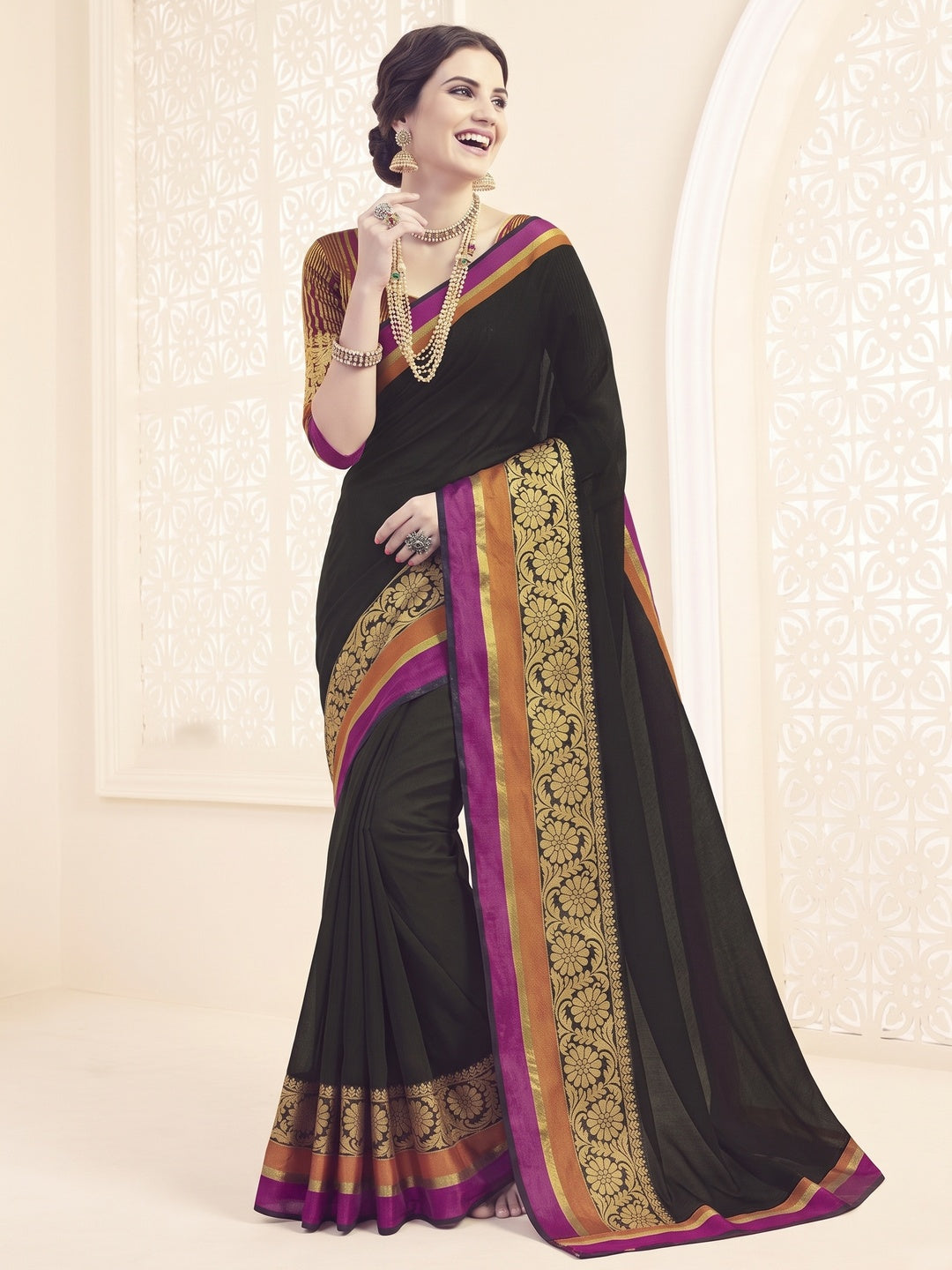 Black Embroidered Weaving Work Saree - Image 4