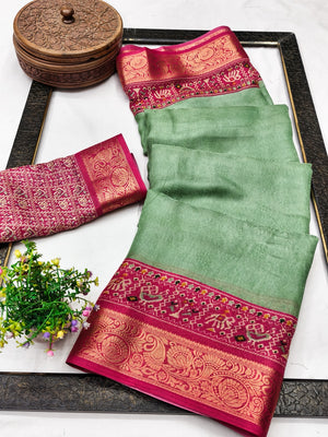 Peachmode Mint Green Patola Border Art Silk Saree - Image 2