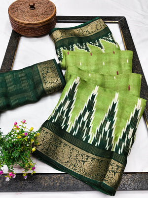 Peachmode Lime Green Ikat Art Silk Saree - Image 2