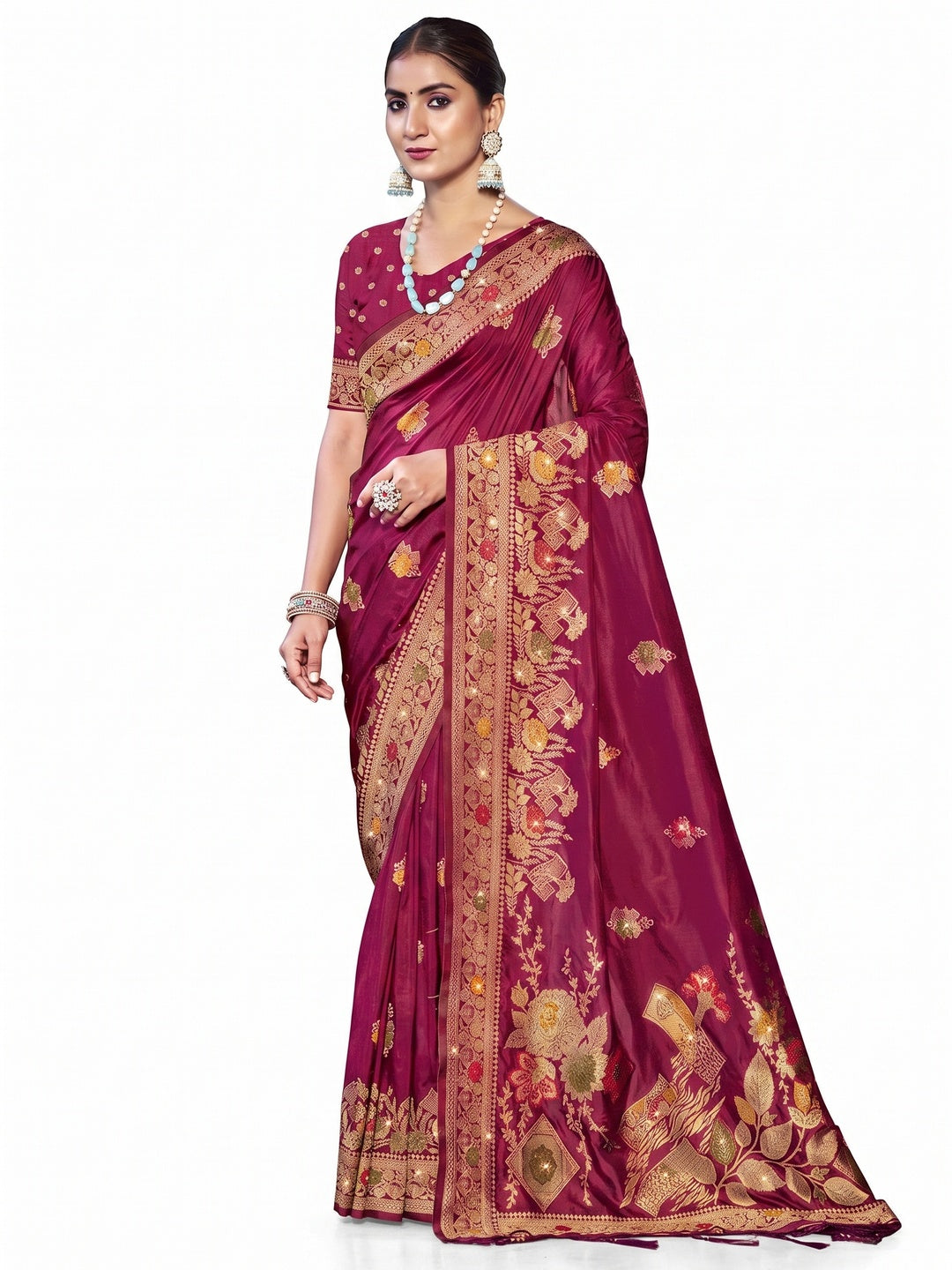 Dark Magenta Floral Woven With Swarovski Work Pure Silk Saree With Tassels - Image 1
