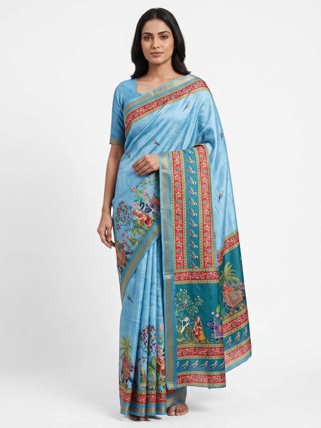 Blue Dola Silk Saree With Majestic Elephant & Vibrant Peacock Digital Prints - Image 1